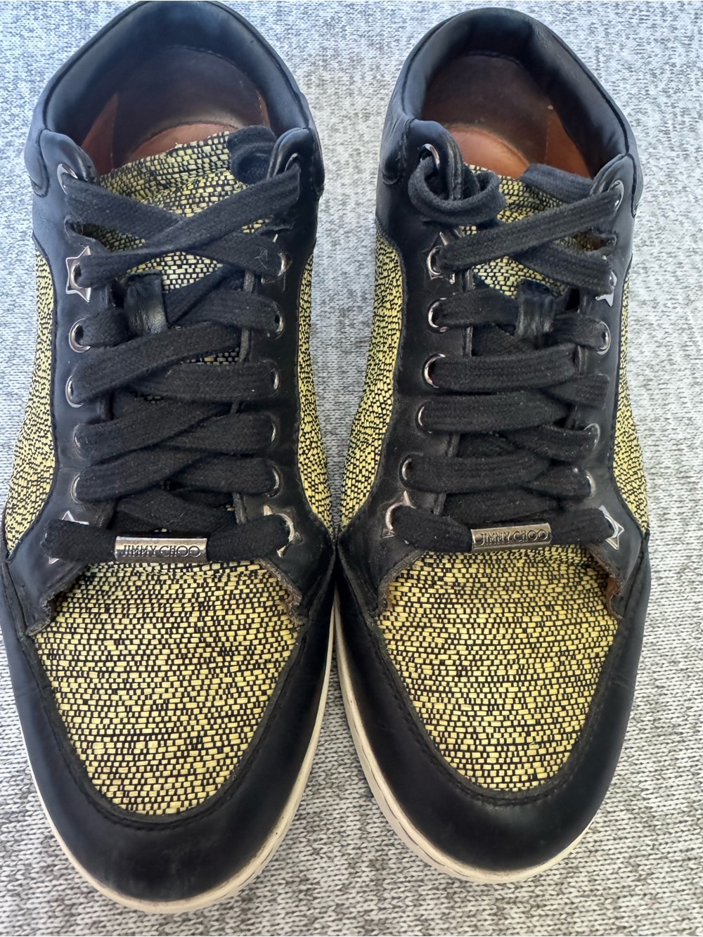 Jimmy Choo Black & Yellow Woven Panel Low-Top Sneakers EU 37